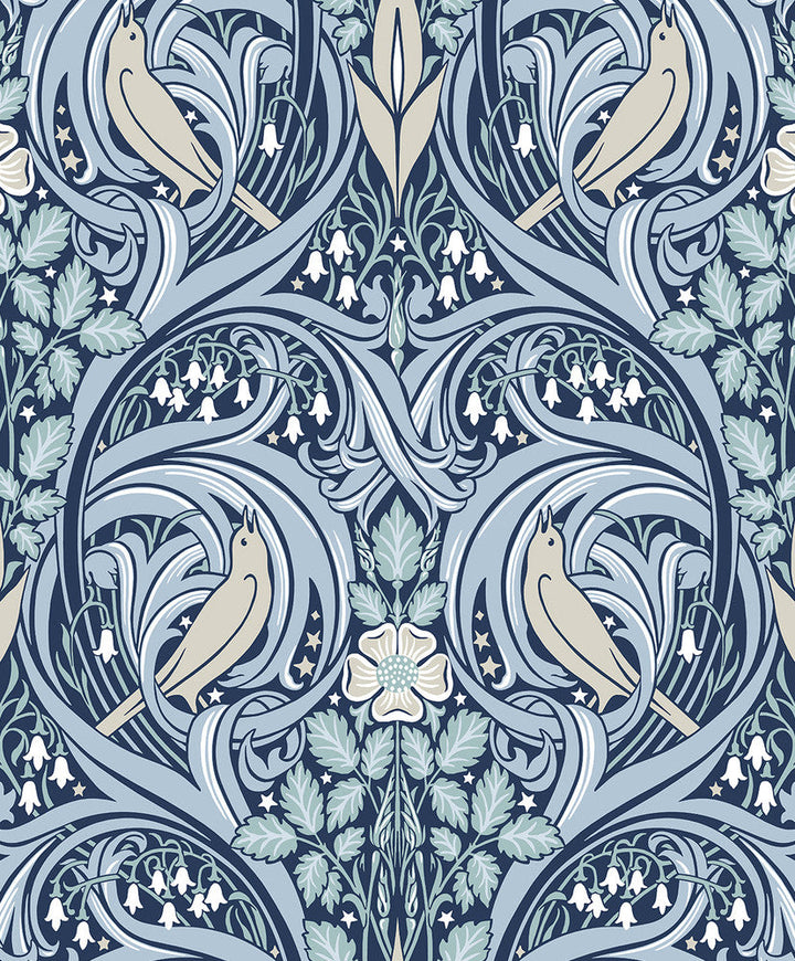 Bird Scroll Denim & Blue Mist ET12202 by Etten Studios Designer Wallpaper