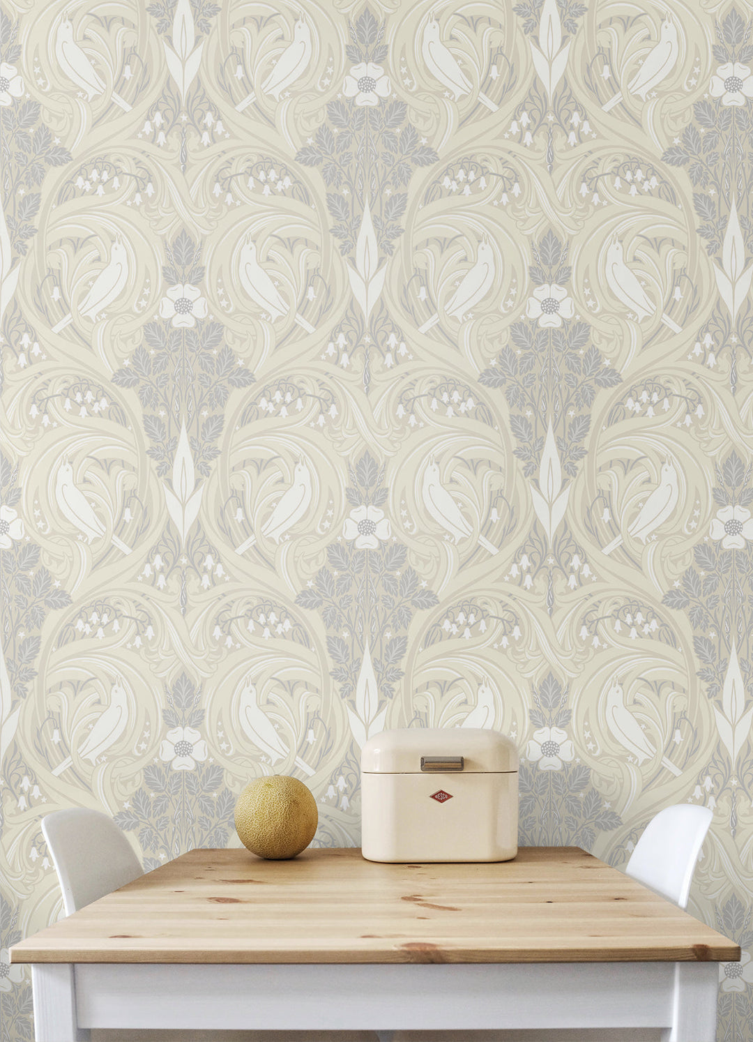 Bird Scroll Swiss Coffee & Grey ET12205 by Etten Studios Designer Wallpaper