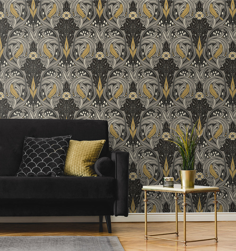 Bird Scroll Charcoal & Goldenrod ET12208 by Etten Studios Designer Wallpaper