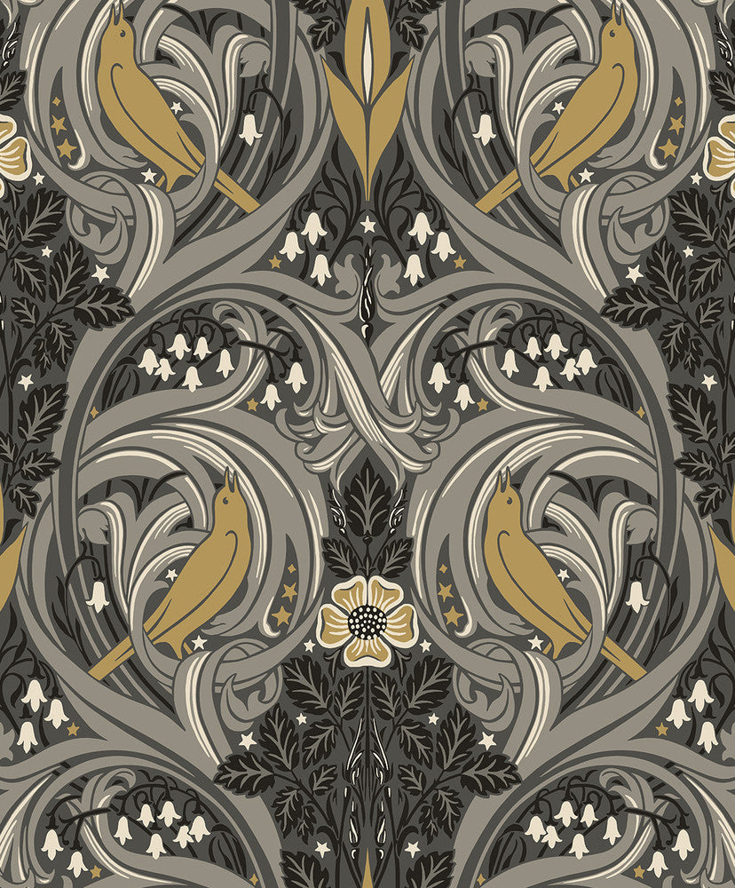 Bird Scroll Charcoal & Goldenrod ET12208 by Etten Studios Designer Wallpaper