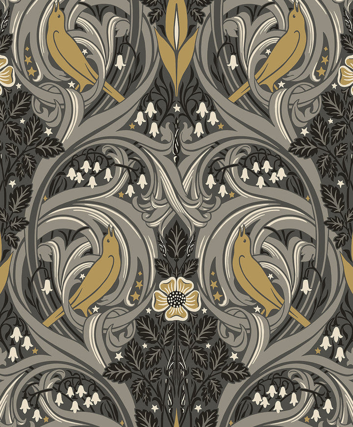 Bird Scroll Charcoal & Goldenrod ET12208 by Etten Studios Designer Wallpaper