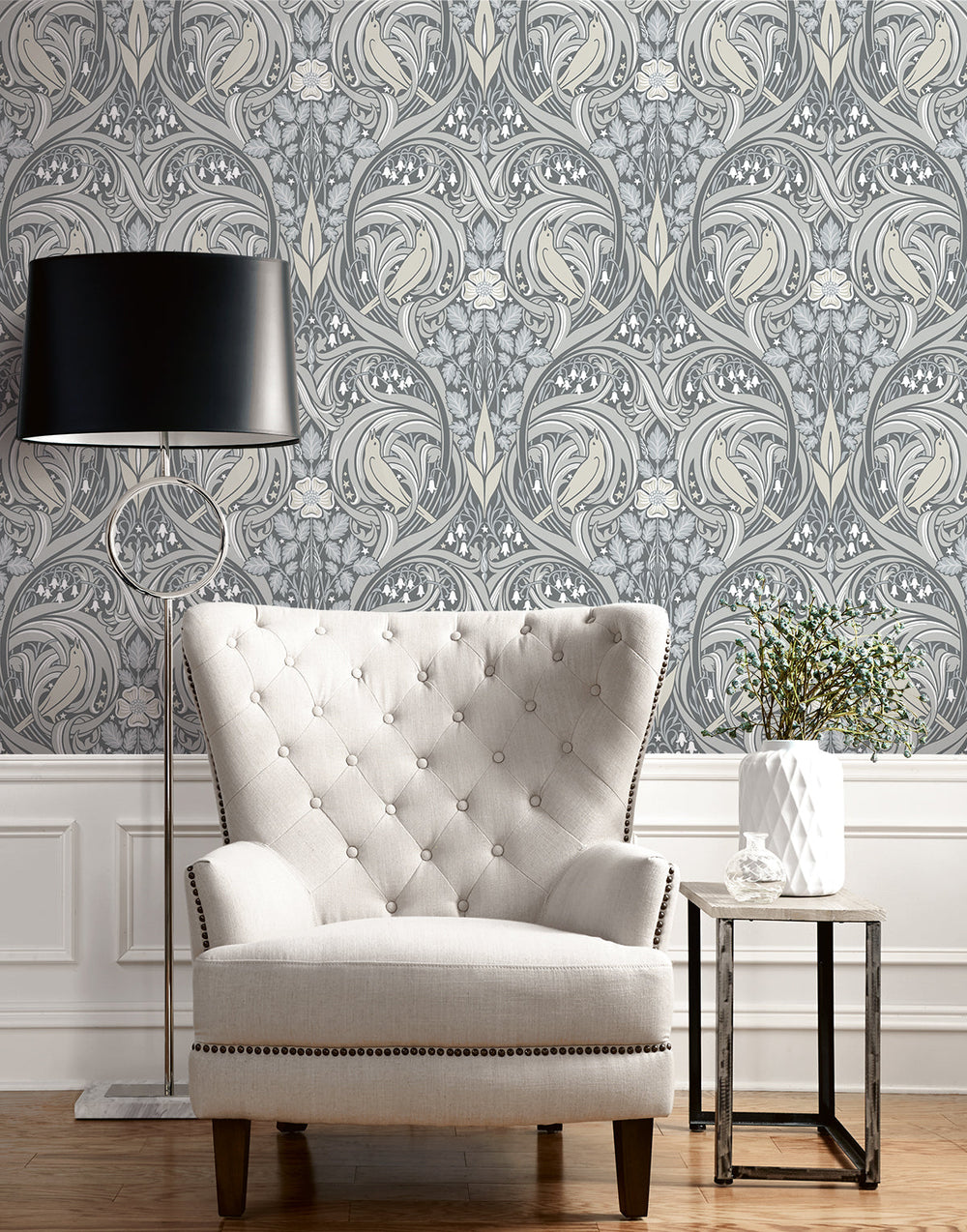 Bird Scroll Argos Grey & Linen ET12210 by Etten Studios Designer Wallpaper
