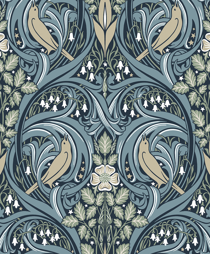 Bird Scroll Navy & Beige ET12212 by Etten Studios Designer Wallpaper