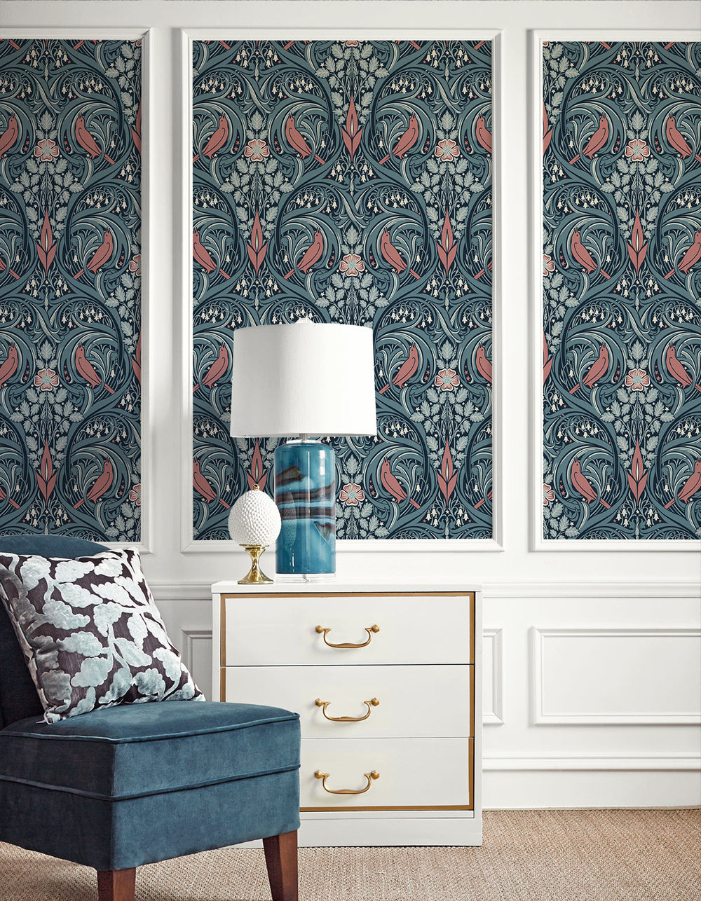 Bird Scroll Aegean Teal & Coral ET12222 by Etten Studios Designer Wallpaper