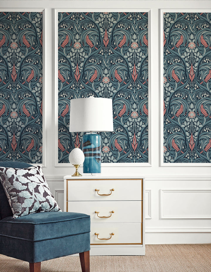 Bird Scroll Aegean Teal & Coral ET12222 by Etten Studios Designer Wallpaper