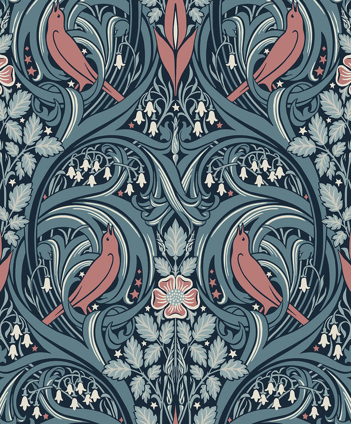 Bird Scroll Aegean Teal & Coral ET12222 by Etten Studios Designer Wallpaper