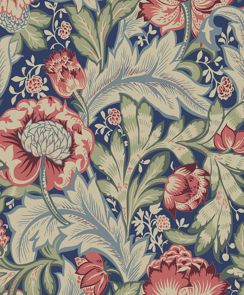 Acanthus Garden Marine Blue & Watermelon ET12302 by Etten Studios Designer Wallpaper