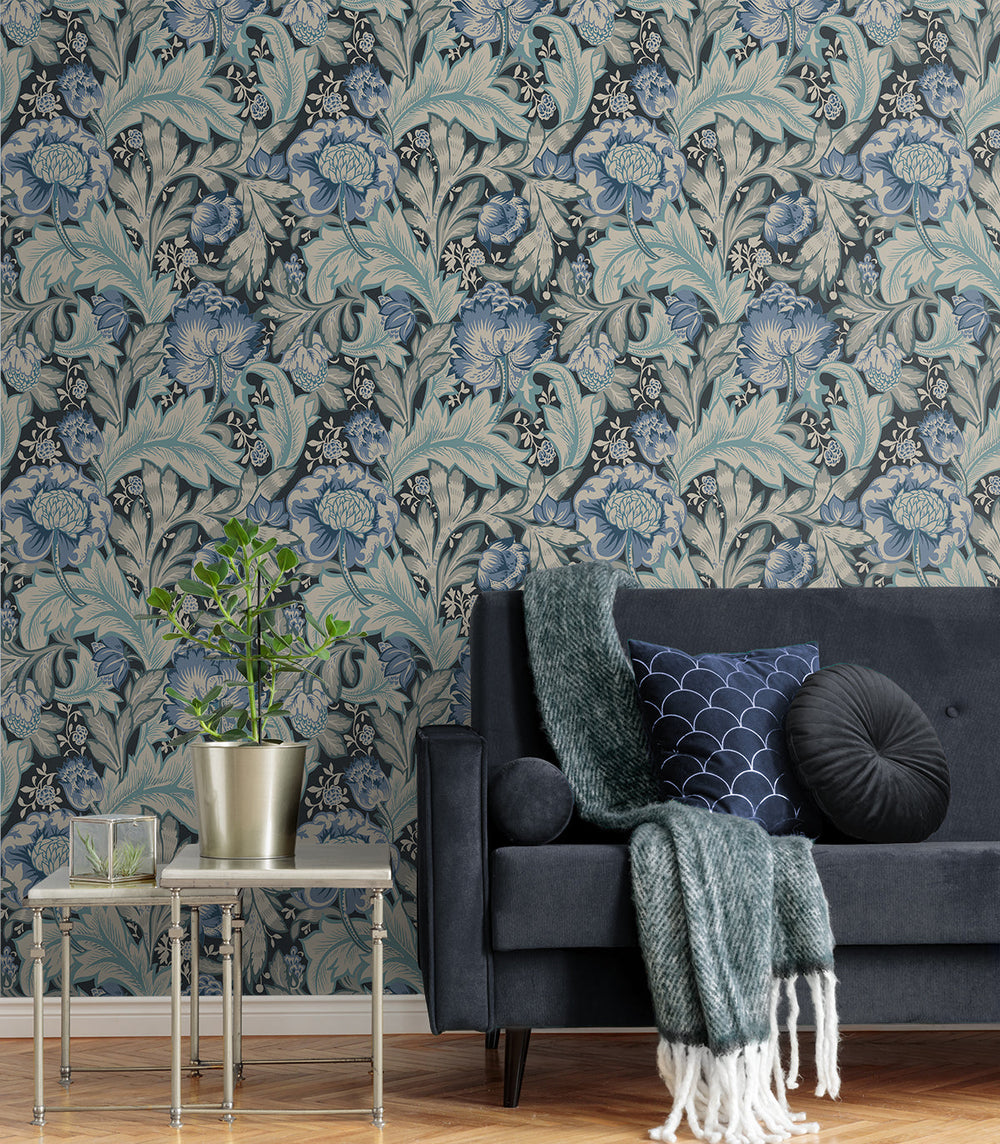 Acanthus Garden Bluestone & Golden ET12312 by Etten Studios Designer Wallpaper