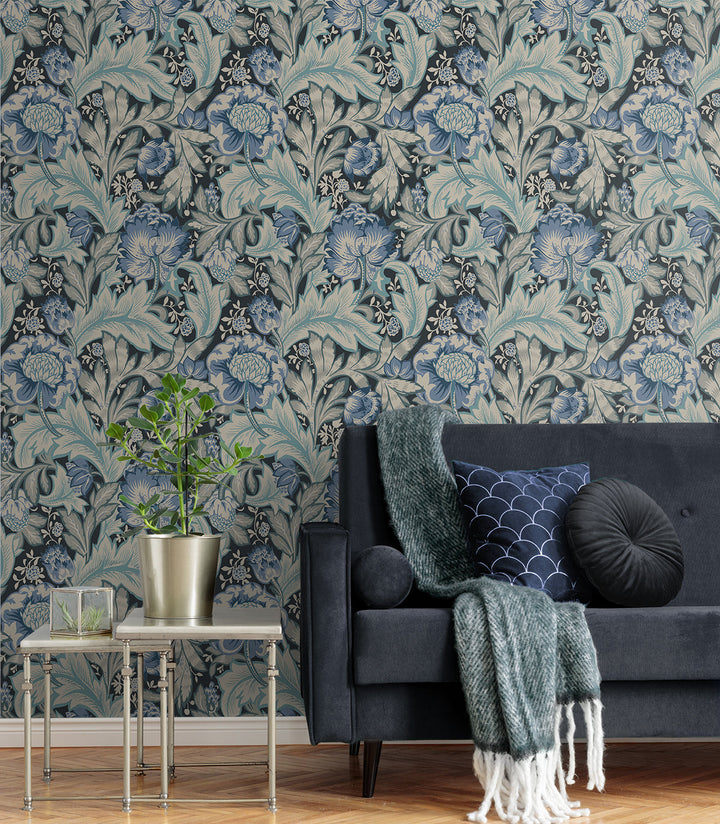 Acanthus Garden Bluestone & Golden ET12312 by Etten Studios Designer Wallpaper