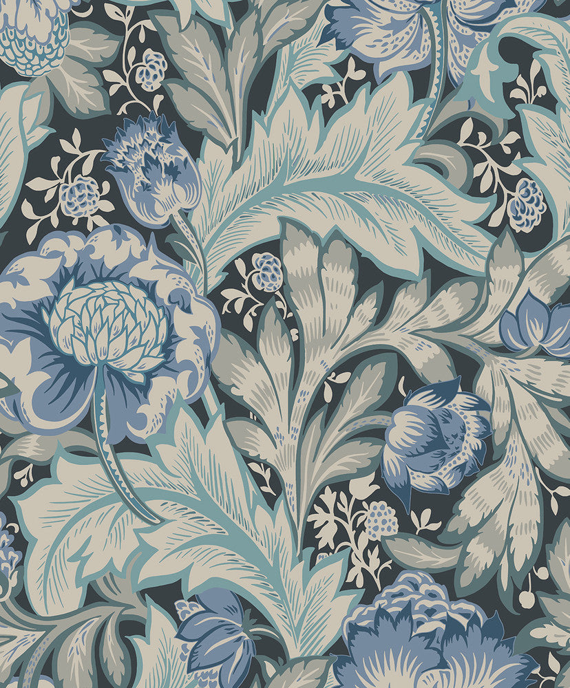 Acanthus Garden Bluestone & Golden ET12312 by Etten Studios Designer Wallpaper