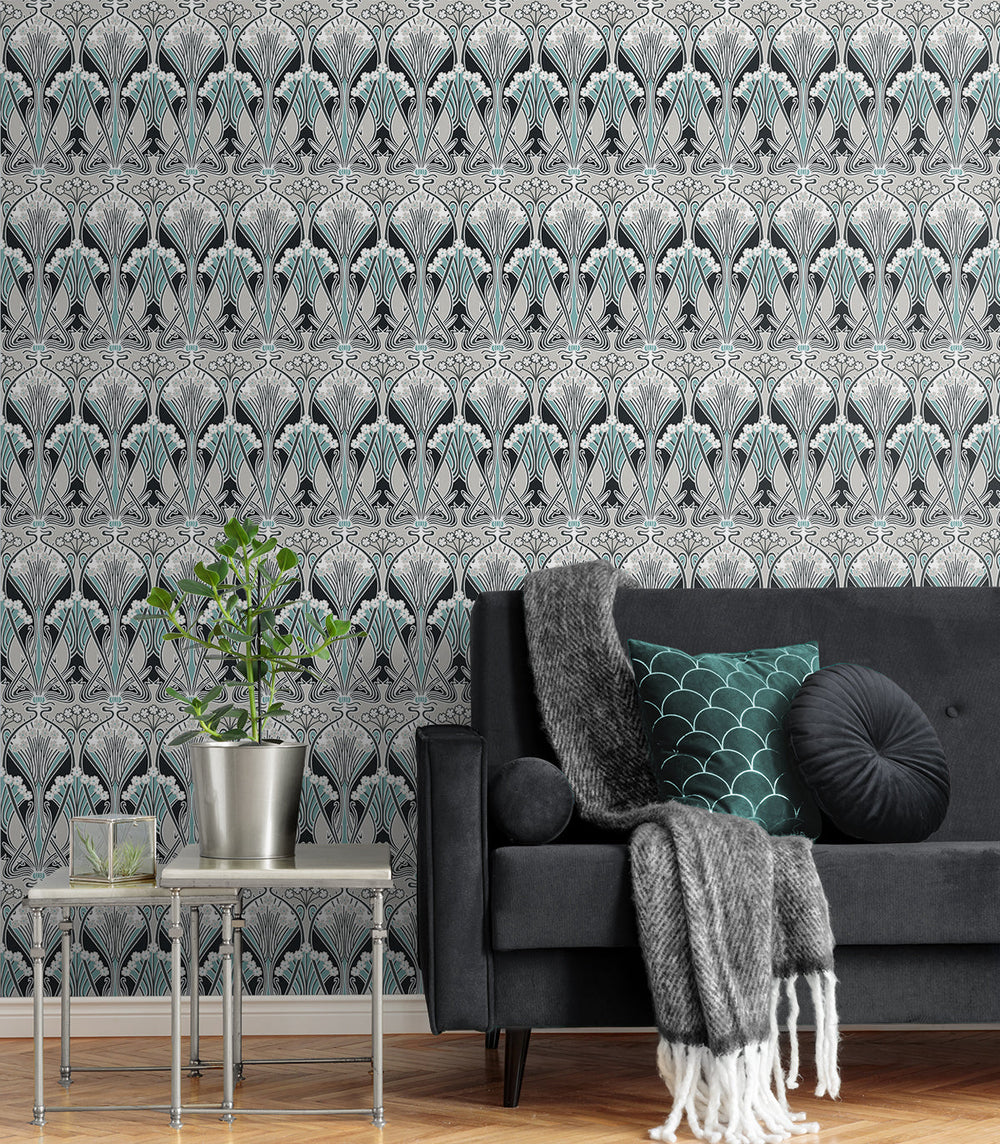 Dragonfly Damask Ebony & Aqua ET12404 by Etten Studios Designer Wallpaper