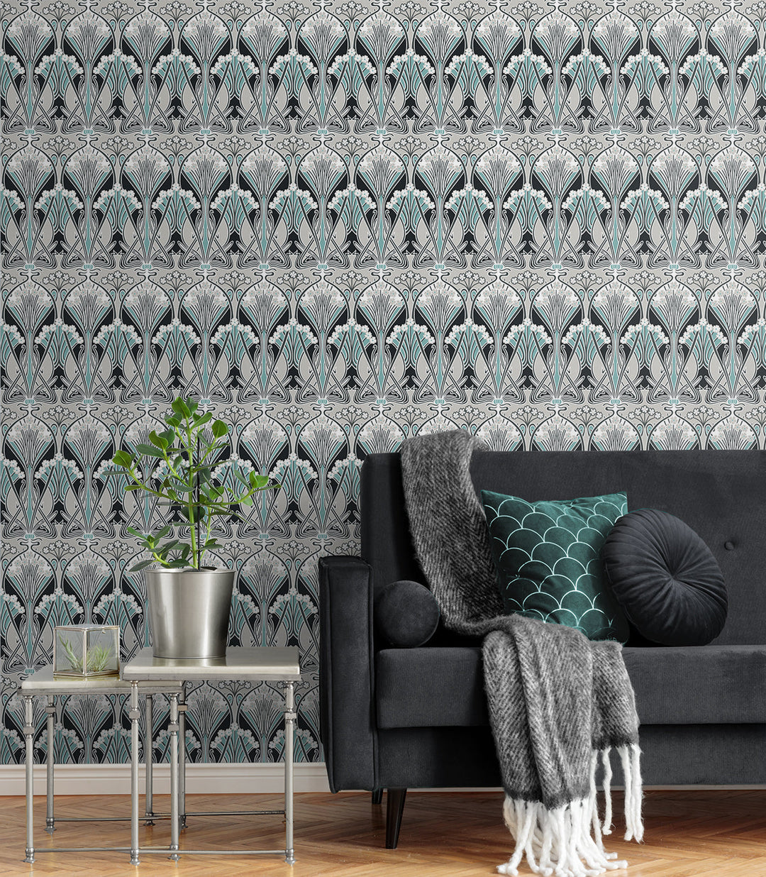 Dragonfly Damask Ebony & Aqua ET12404 by Etten Studios Designer Wallpaper