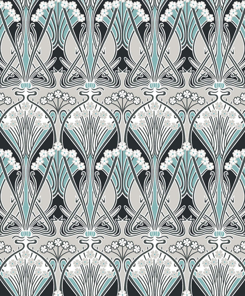 Dragonfly Damask Ebony & Aqua ET12404 by Etten Studios Designer Wallpaper