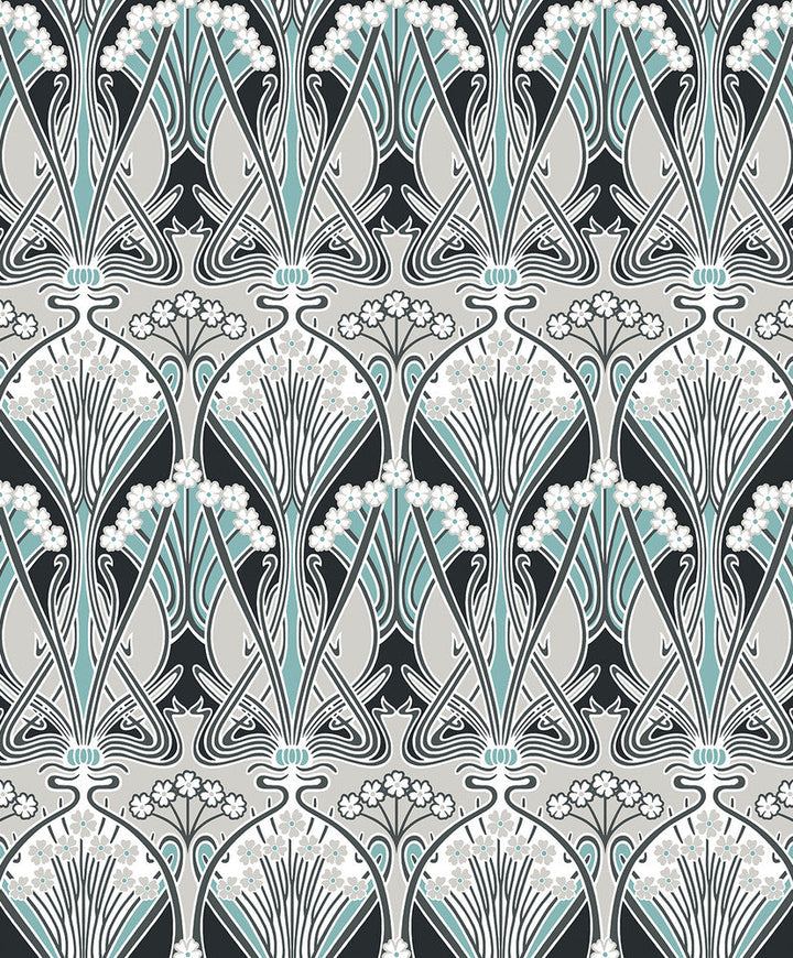 Dragonfly Damask Ebony & Aqua ET12404 by Etten Studios Designer Wallpaper
