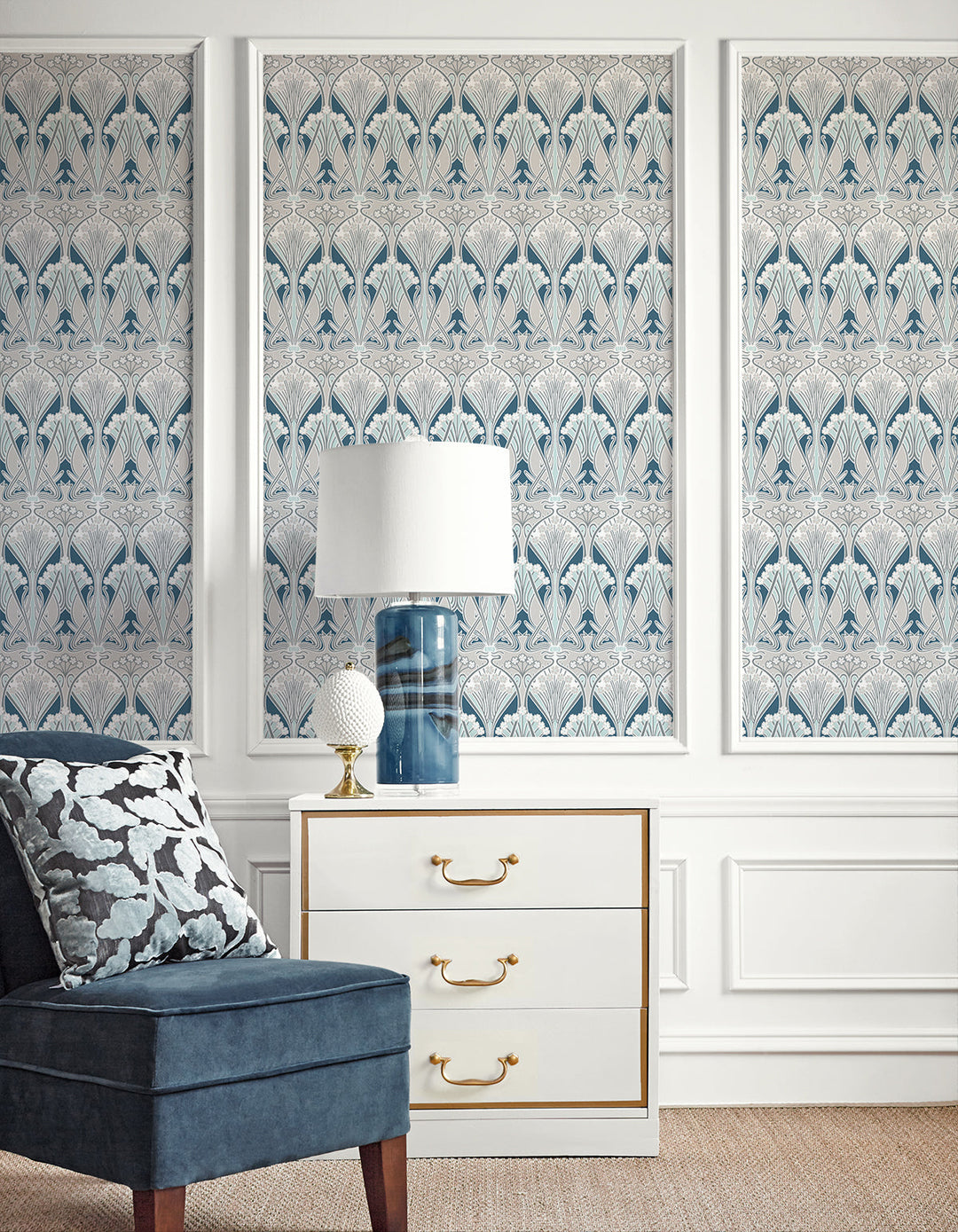 Dragonfly Damask Aegean Blue & Dewdrop ET12414 by Etten Studios Designer Wallpaper