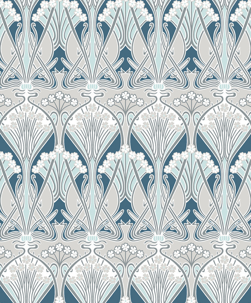 Dragonfly Damask Aegean Blue & Dewdrop ET12414 by Etten Studios Designer Wallpaper