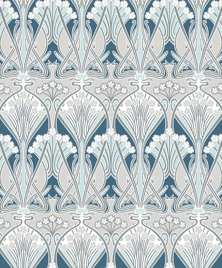 Dragonfly Damask Aegean Blue & Dewdrop ET12414 by Etten Studios Designer Wallpaper