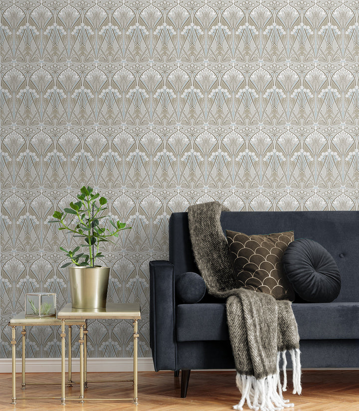Dragonfly Damask Soft Taupe & Blue Mist ET12424 by Etten Studios Designer Wallpaper