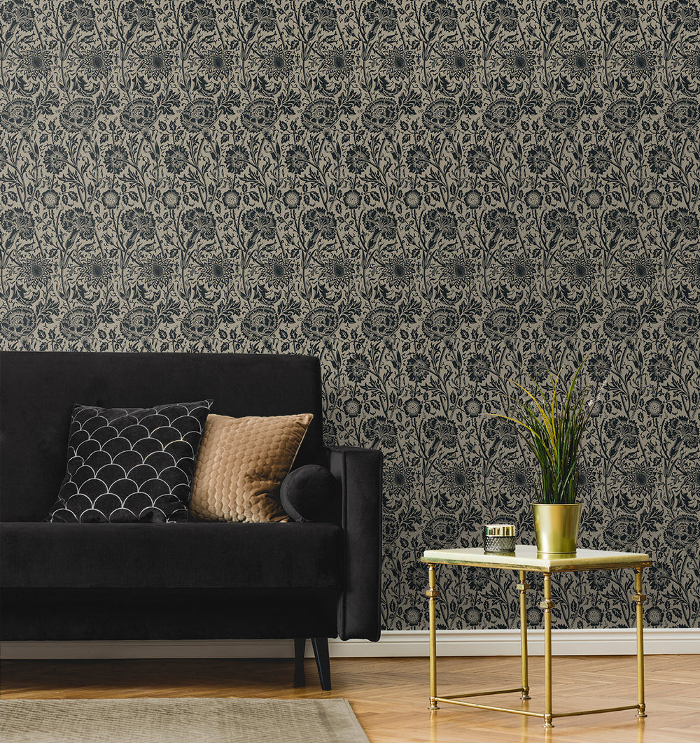 Tonal Floral Trail Taupe & Ebony ET12518 by Etten Studios Designer Wallpaper