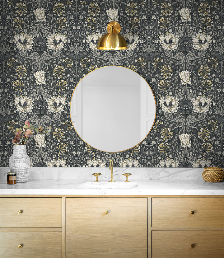 Ogee Flora Charcoal & Goldenrod ET12608 by Etten Studios Designer Wallpaper