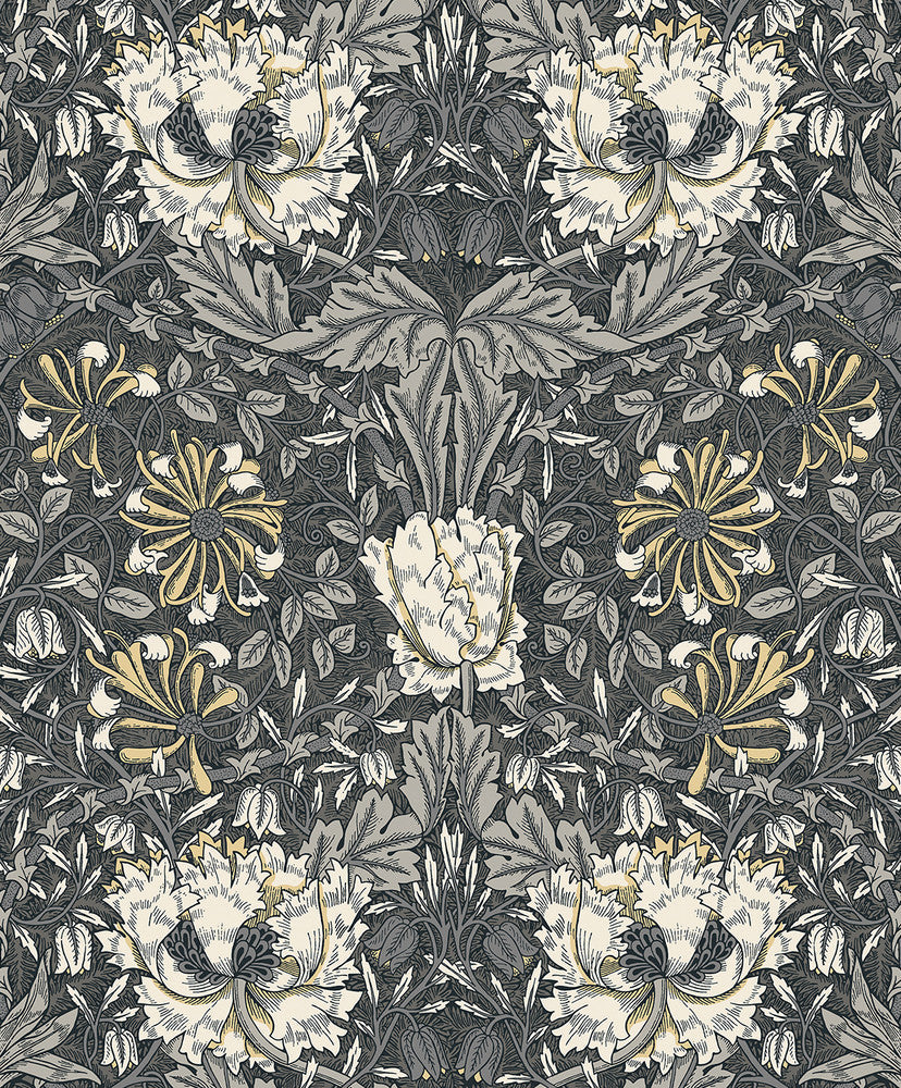 Ogee Flora Charcoal & Goldenrod ET12608 by Etten Studios Designer Wallpaper