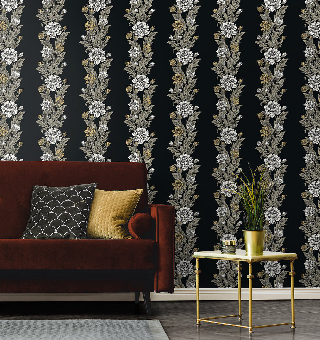 Blooming Stripe Ebony & Goldenrod ET12700 by Etten Studios Designer Wallpaper