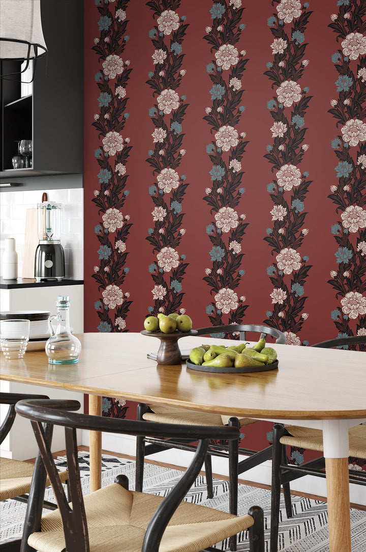 Blooming Stripe Pale Carmine & Aqua ET12701 by Etten Studios Designer Wallpaper