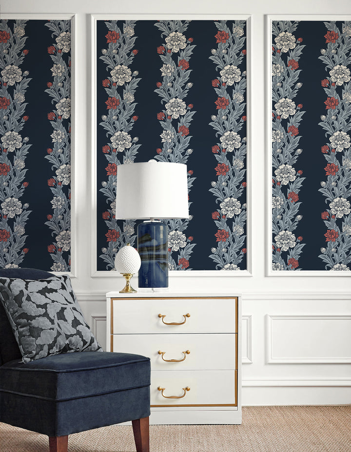 Blooming Stripe Deep Navy & Berry ET12712 by Etten Studios Designer Wallpaper