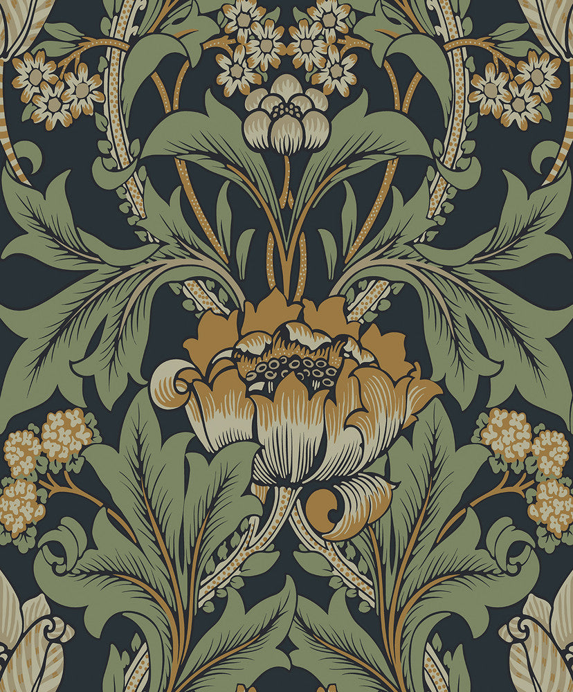 Primrose Garden Midnight Blue & Goldenrod ET13104 by Etten Studios Designer Wallpaper