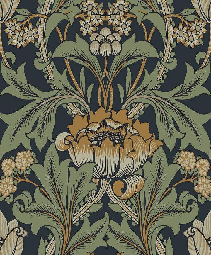 Primrose Garden Midnight Blue & Goldenrod ET13104 by Etten Studios Designer Wallpaper