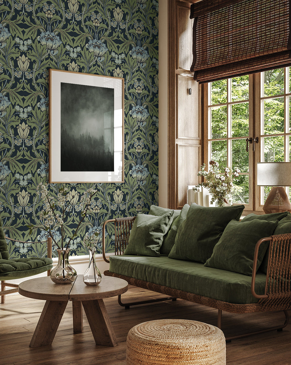 Primrose Garden Midnight Blue & Sage ET13112 by Etten Studios Designer Wallpaper