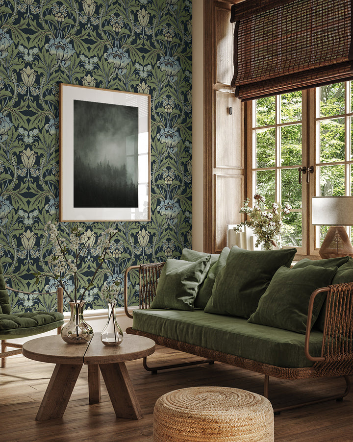 Primrose Garden Midnight Blue & Sage ET13112 by Etten Studios Designer Wallpaper
