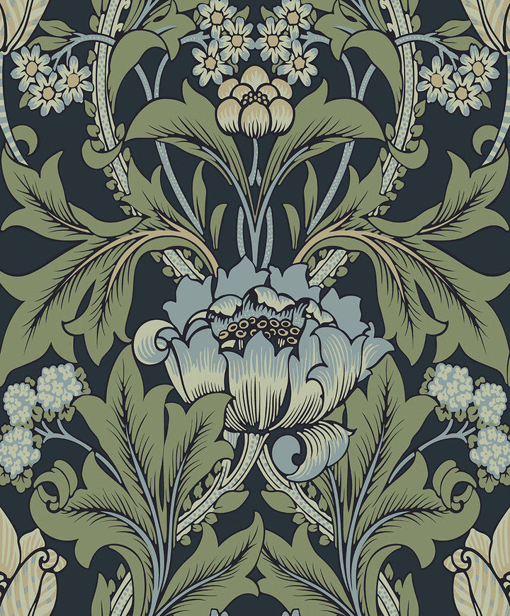 Primrose Garden Midnight Blue & Sage ET13112 by Etten Studios Designer Wallpaper