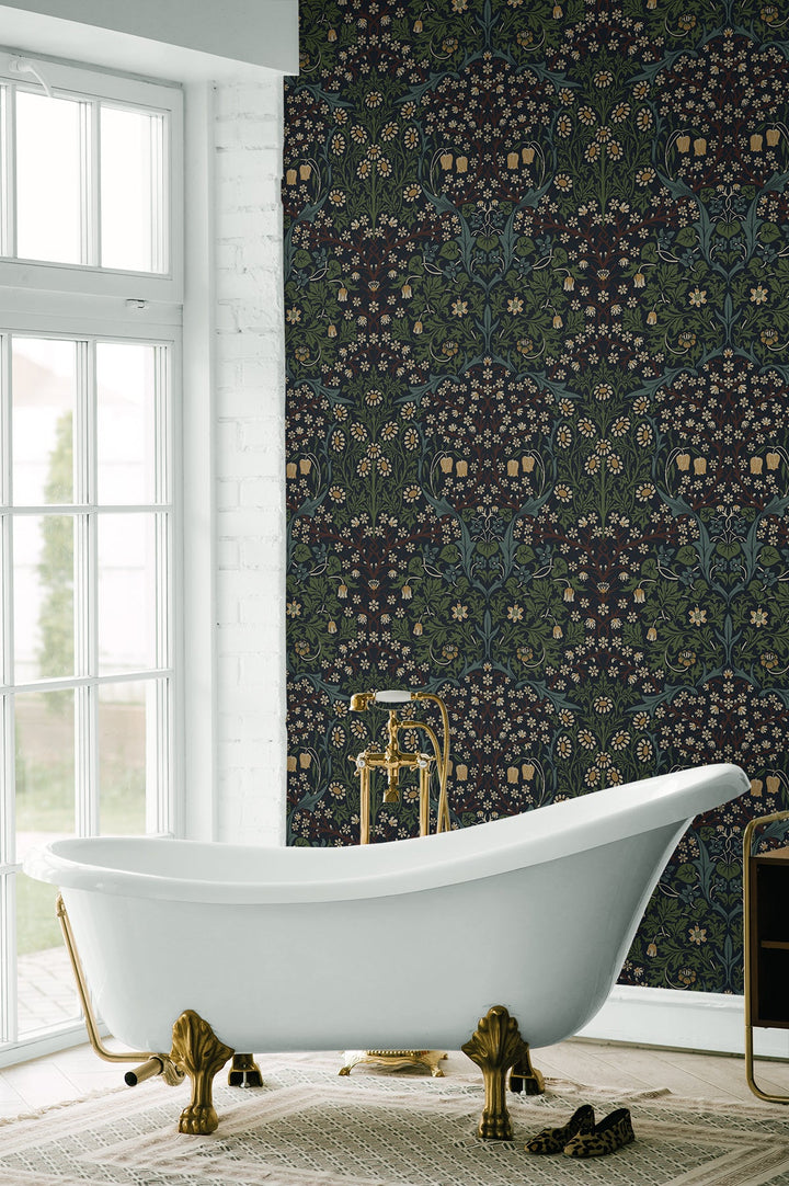 Victorian Floral Midnight Blue & Evergreen ET13222 by Etten Studios Designer Wallpaper