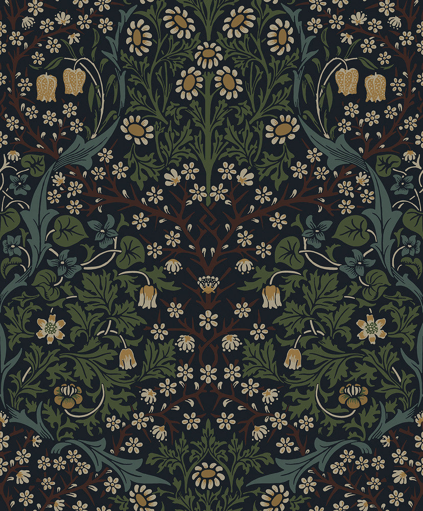 Victorian Floral Midnight Blue & Evergreen ET13222 by Etten Studios Designer Wallpaper