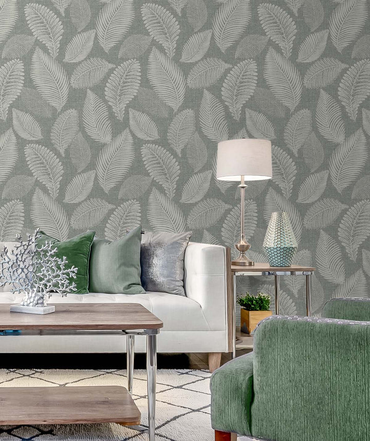 Tossed Leaves Charcoal Linen EW10010 by Seabrook Designs Designer Wallpaper