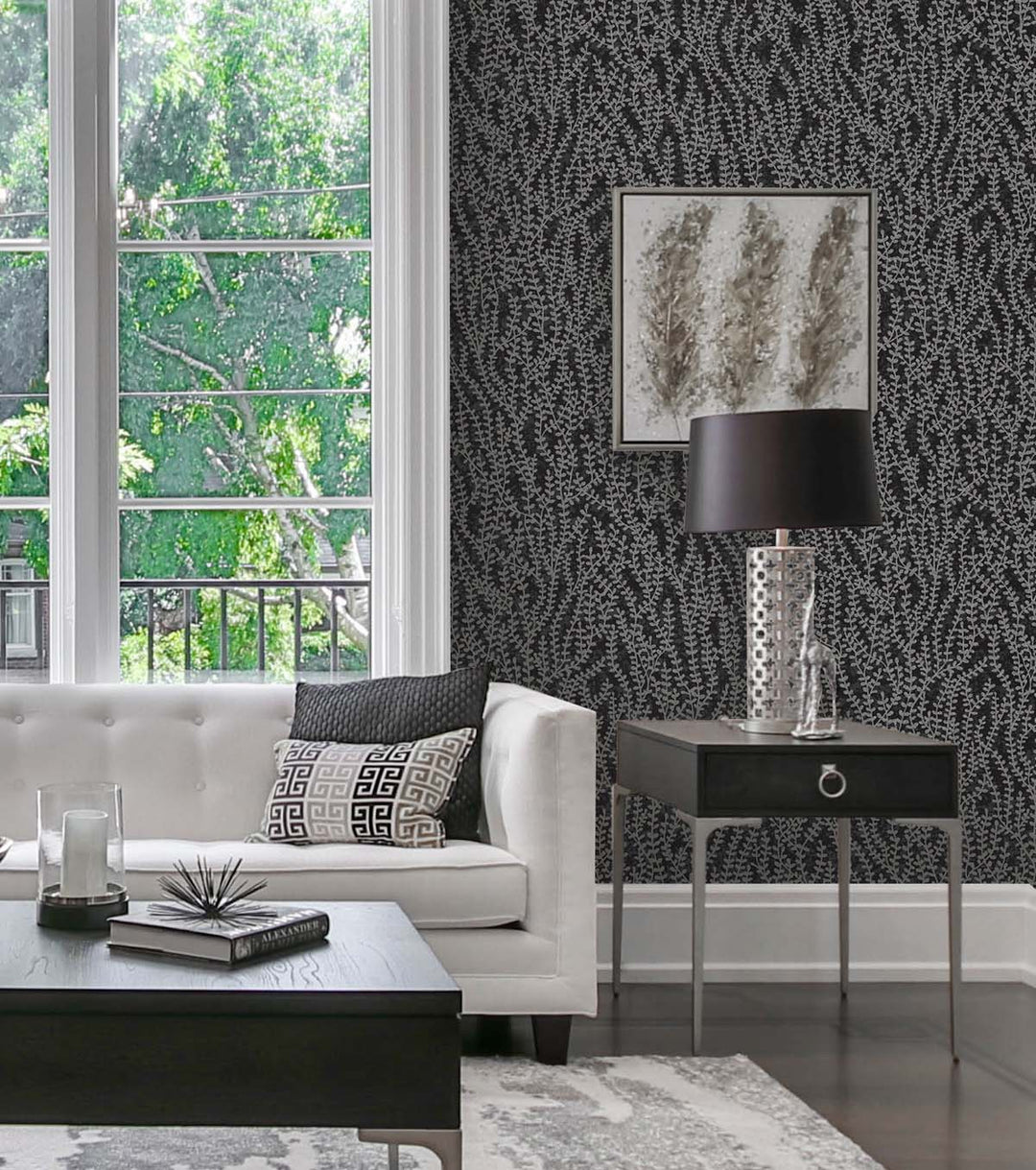 Seaweed Beaded Branches Silver Glass EW10600 by Seabrook Designs Designer Wallpaper