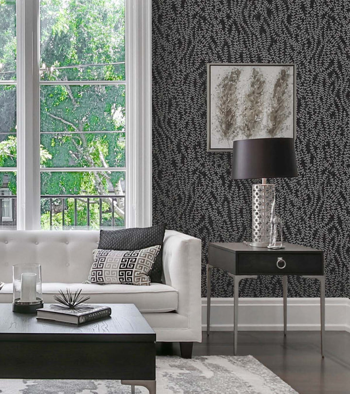 Seaweed Beaded Branches Silver Glass EW10600 by Seabrook Designs Designer Wallpaper