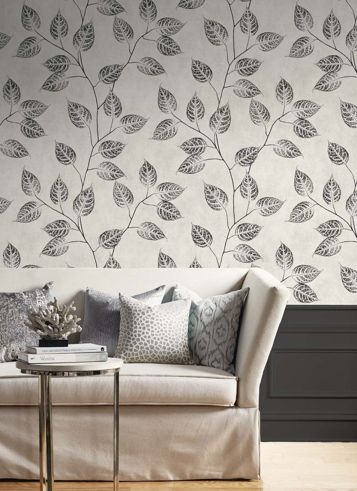 Branch Trail Silhouette Black and White EW10820 by Seabrook Designs Designer Wallpaper