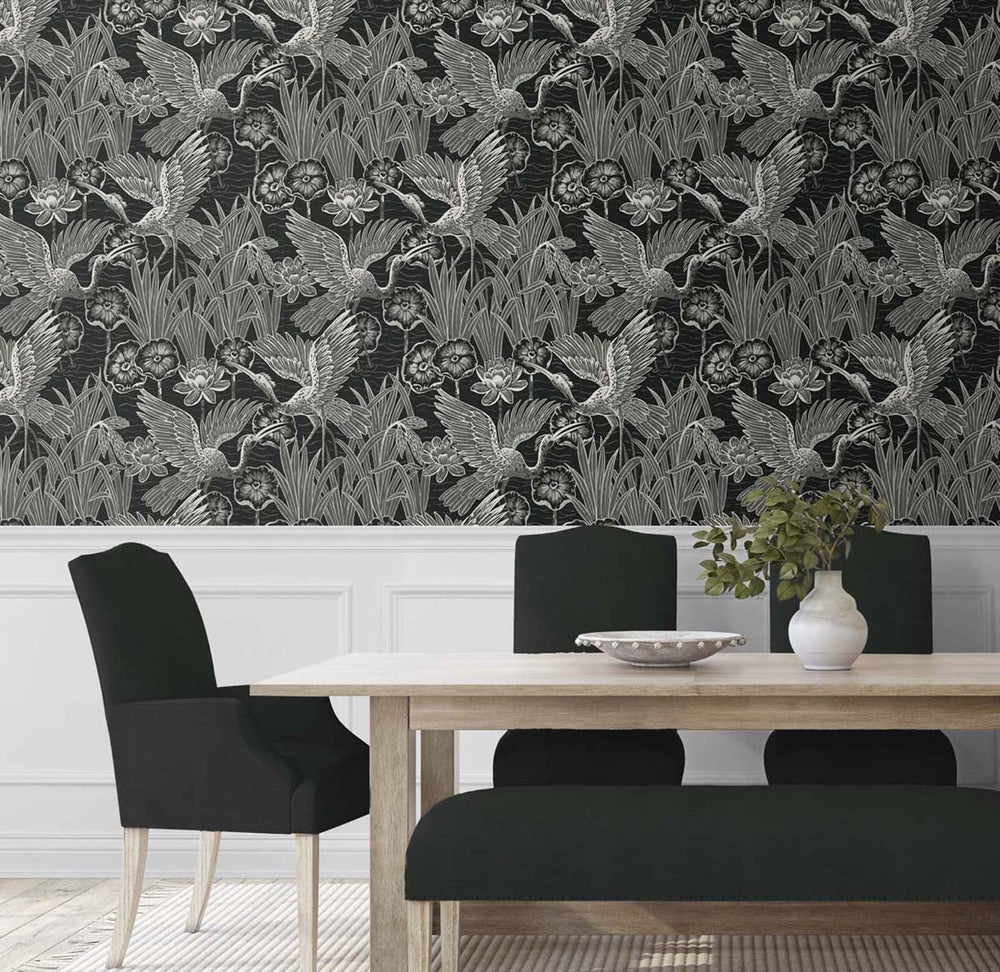 Marsh Cranes Midnight EW11000 by Seabrook Designs Designer Wallpaper