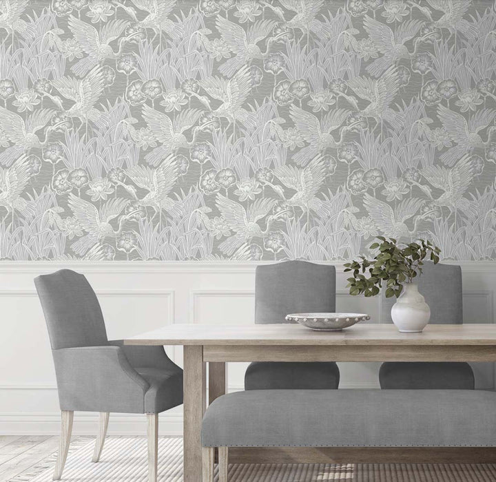 Marsh Cranes Anew Grey EW11008 by Seabrook Designs Designer Wallpaper