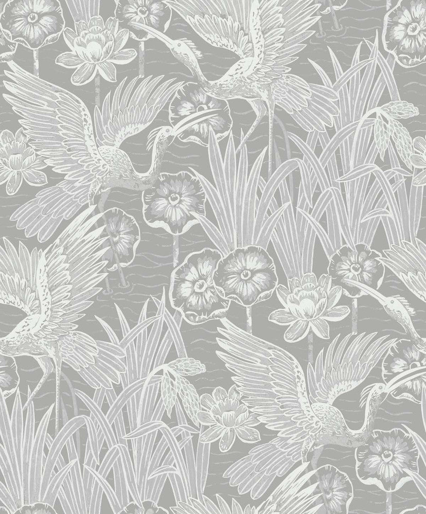 Marsh Cranes Anew Grey EW11008 by Seabrook Designs Designer Wallpaper