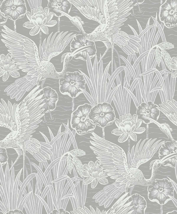 Marsh Cranes Anew Grey EW11008 by Seabrook Designs Designer Wallpaper