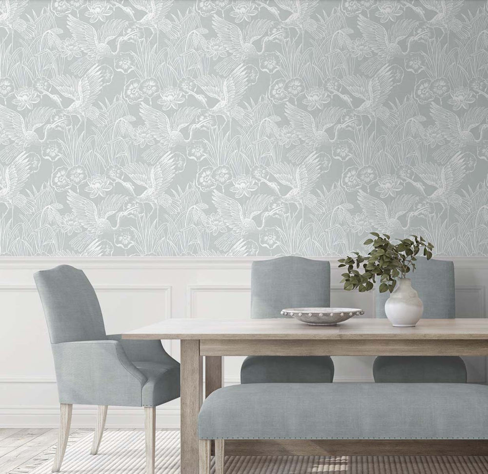 Marsh Cranes Mist EW11018 by Seabrook Designs Designer Wallpaper