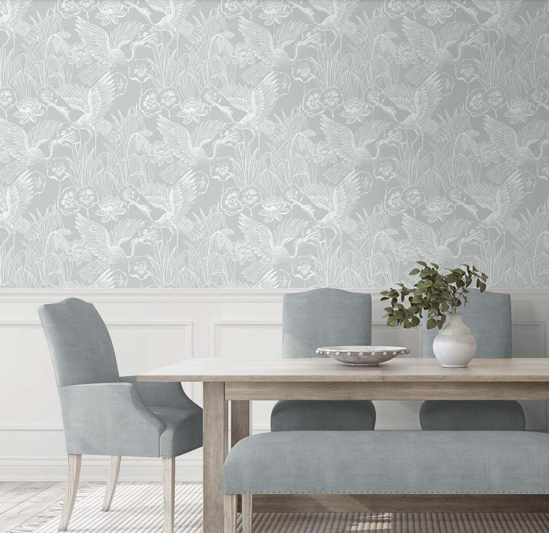 Marsh Cranes Mist EW11018 by Seabrook Designs Designer Wallpaper