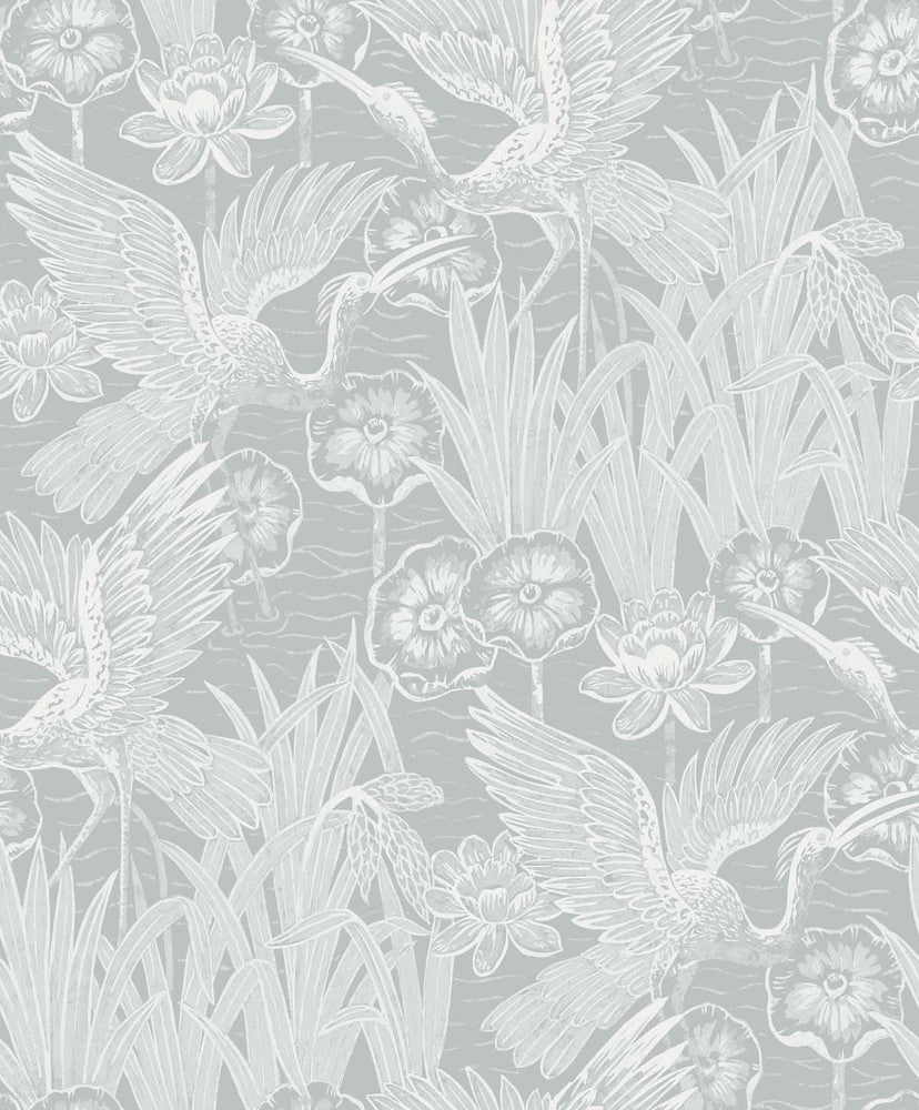 Marsh Cranes Mist EW11018 by Seabrook Designs Designer Wallpaper