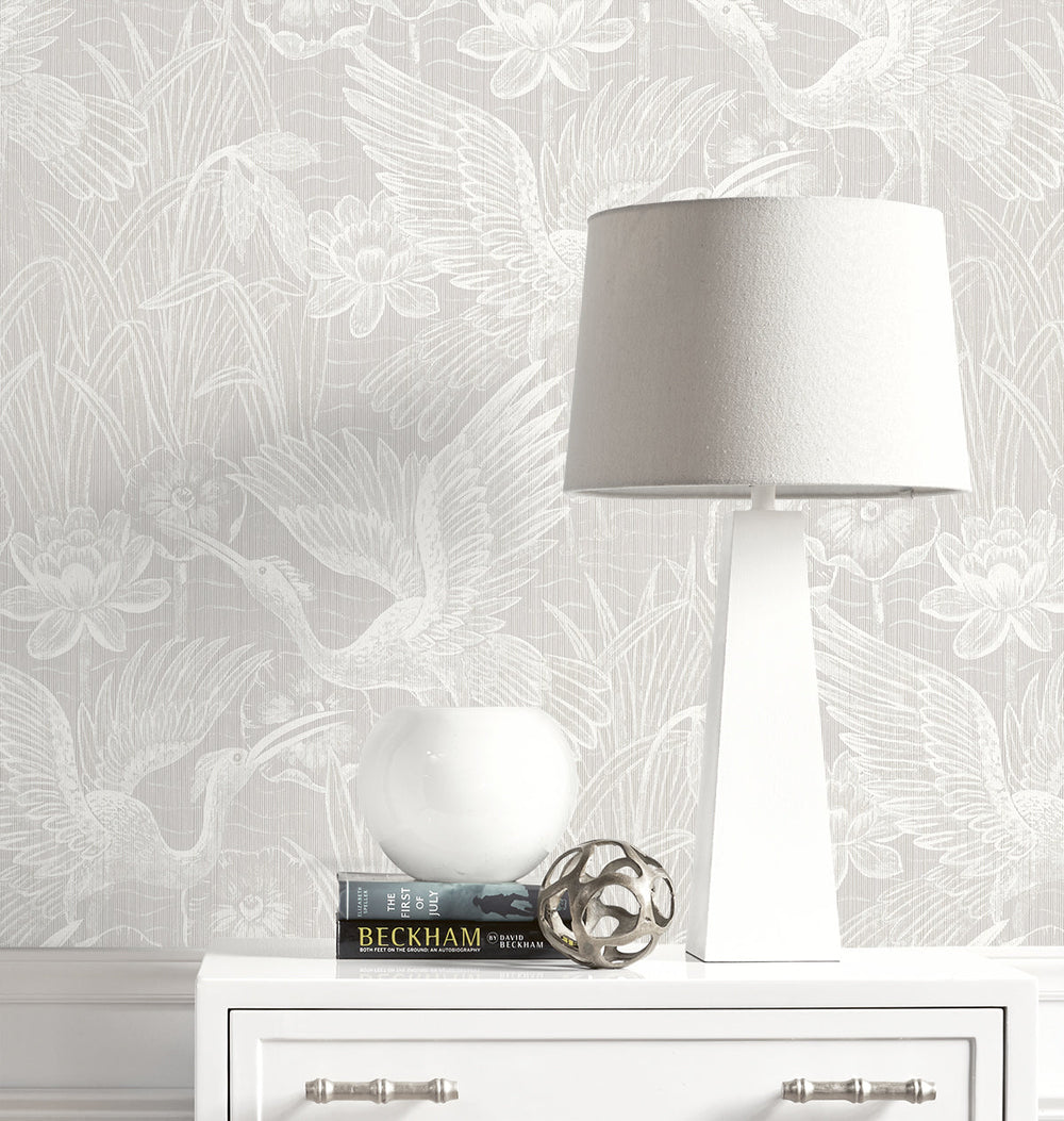 White Heron Floral Heron Neutral EW11500 by Seabrook Designs Designer Wallpaper