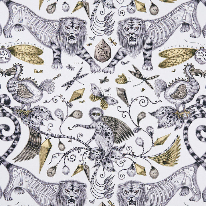 Extinct Gold by Clarke And Clarke Fabric Clarke And Clarke Fabric Extinct GoldFabric ANIMALIA BY EMMA J SHIPLEY FOR C&C COTTON - 100% United Kingdom </p><p>Repeat: H: 27.17, V: 22.24 54 - Fabric Carolina -