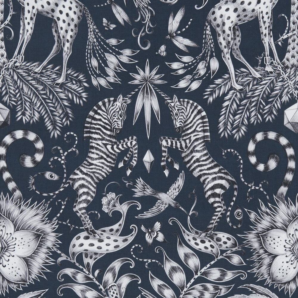 Kruger Navy by Clarke And Clarke Designer Fabric ANIMALIA BY EMMA J SHIPLEY FOR C&C COTTON - 100% United Kingdom HEAVY Horizontal: 13.58 and Vertical: 22.44 54 - Swanky Fabrics -