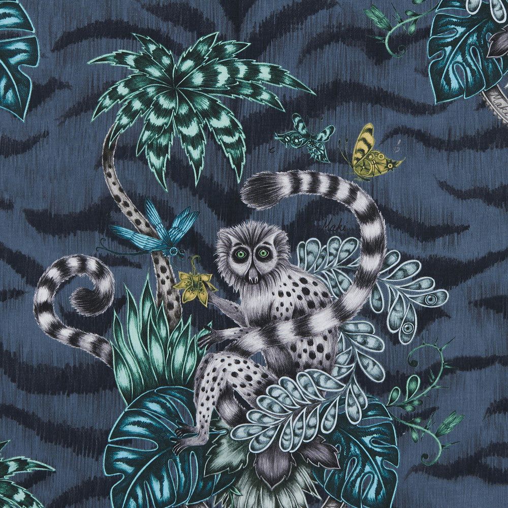 Lemur Navy by Clarke And Clarke Designer Fabric ANIMALIA BY EMMA J SHIPLEY FOR C&C COTTON - 100% United Kingdom HEAVY Horizontal: 18.11 and Vertical: 21.65 54 - Swanky Fabrics -